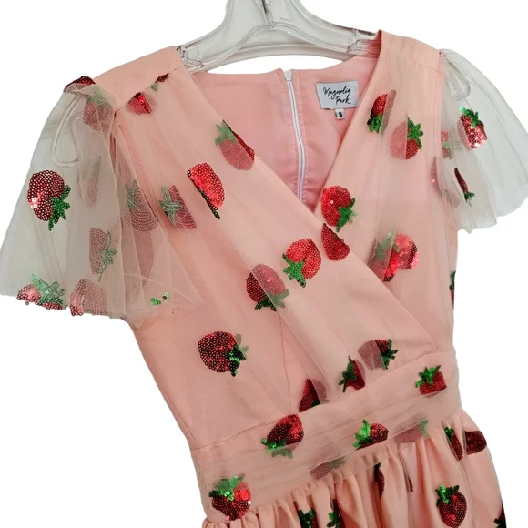 Nwot Magnolia Park Peach w/ Sequined Strawberries Faux Wrap Flutter Sleeve Dress - Picture 6 of 17